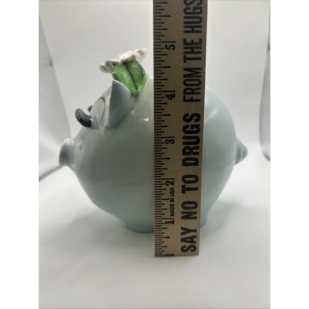 Ceramic Anthropomorphic Blue Piggy Bank Daisy Flower Long Eyelashes Vintage